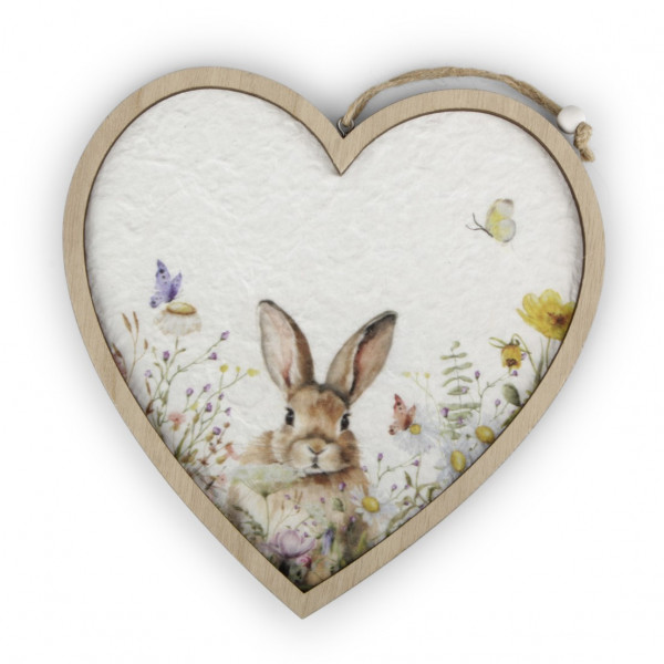 Holz-Herz &quot;Fiore&quot; mit Hase und Blumenprint zum Hängen