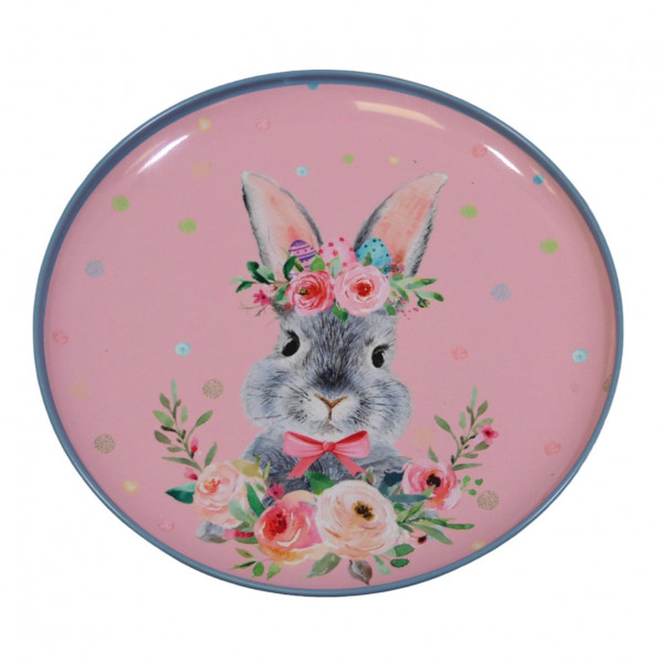 VBF25: Metall-Tablett rund mit Hase und Blumen