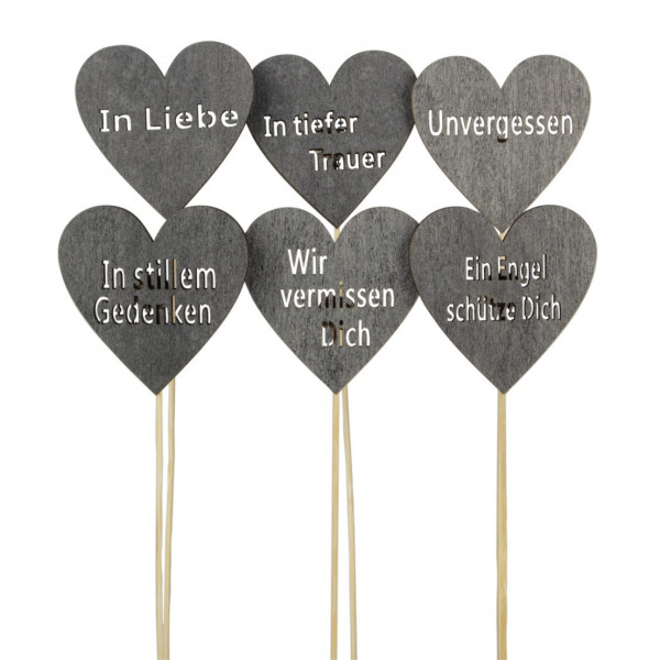 Holz-Herz-Stecker &quot;Memoriam&quot; mit Spruch 6f sort