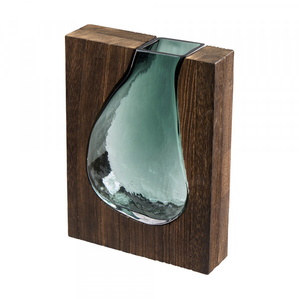 (240) Vase a Glas in Holz eingefasst