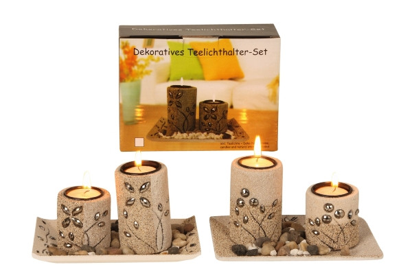 Holz-Teelichthalter Set mit Dekosteinen